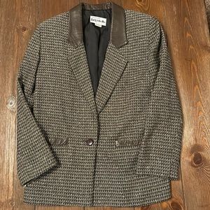 Brown Tweed Wool Blend Blazer with Faux Leather Accents.